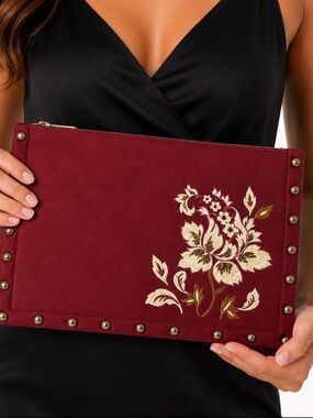 NWT White House Black Market Burgundy Floral Embroidered Evening Clutch Bag